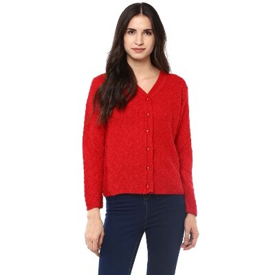 Cayman Women Red Self,Design Cardigan